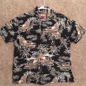 black, white, and tan hawaiian shirt